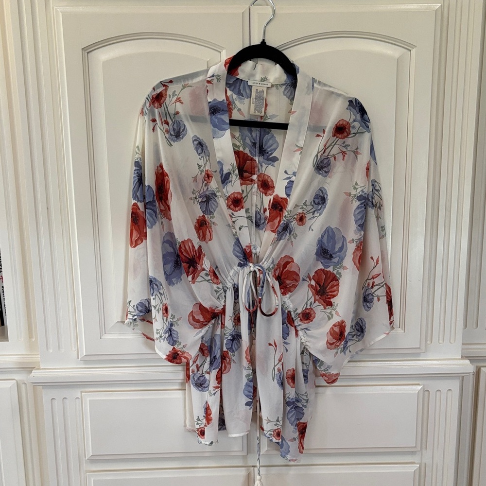 Lucky Brand Sheer Floral Tie-Front Kimono in White with Blue & Coral Blooms